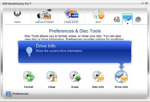 14 COREL DVD MOVIEFACTORY USER GUIDE Disc Tools allows you to format, erase, and
