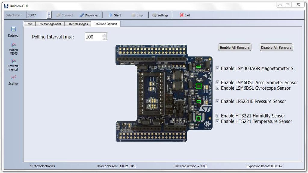 Figure 5: Unicleo-GUI main page X-CUBE-MEMS1 software expansion for 3 Select between various sensors