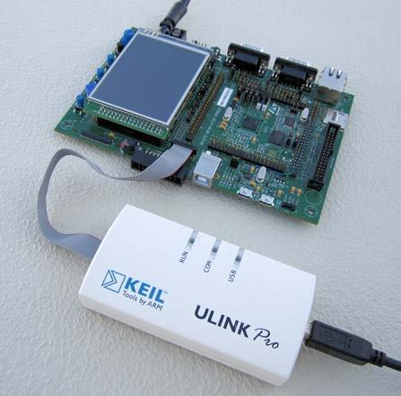 The ULINK-ME is pictured here and the arrow points to the 10 pin Hi-Density connector.
