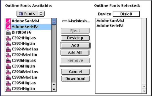 126 Chapter 6 Production Printing 13. In the Fonts list, select the desired font folder. 14. Verify that the selected device is Disk 0. 15. Add all the desired PostScript fonts and click Download.