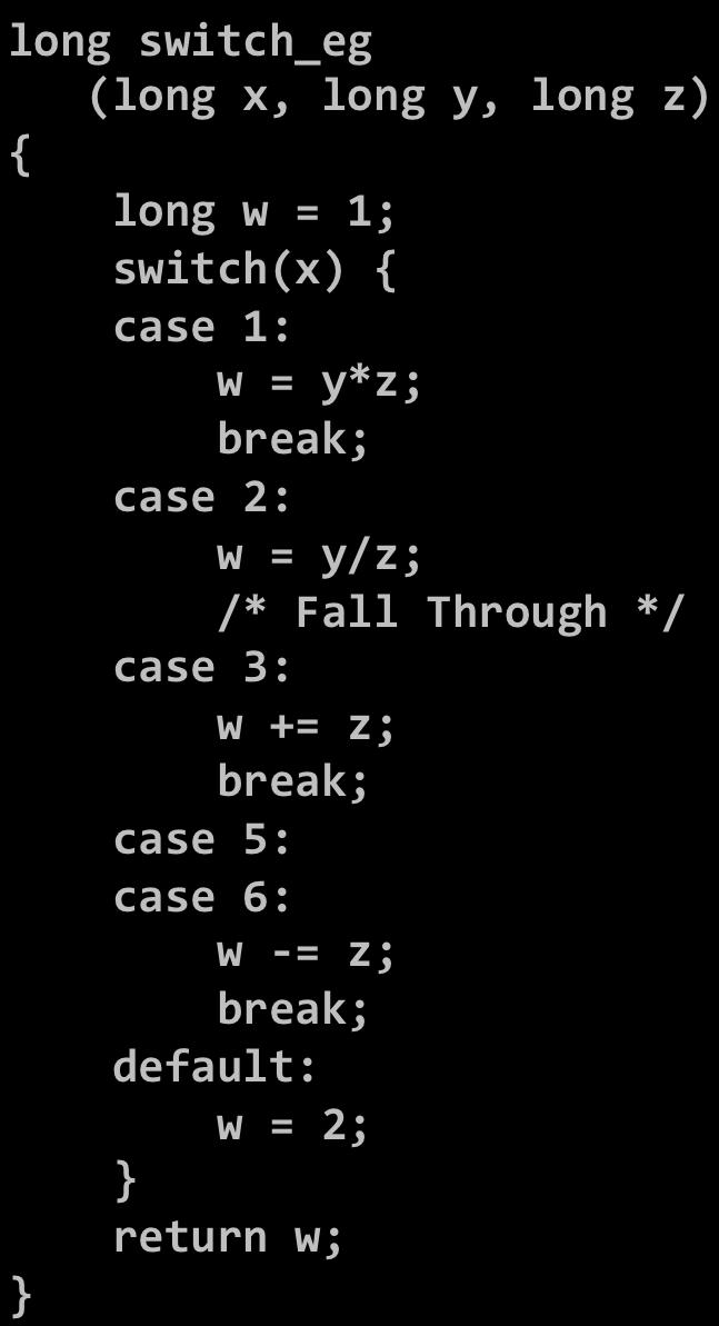 long w = 1; switch(x) { case 1: w = y*z; break; case 2: w = y/z; /* Fall
