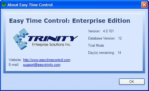 Easy Time Control Training Manual Module 2 o About Easy Time Control Provides information about the Easy Time Control software such as the Version, Database Version, the Mode, and the days of trial