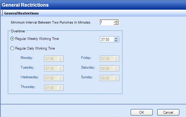 Module 3 Easy Time Control Training Manual 3.1.3. General Restrictions Under General Restrictions, you can define the working hours.