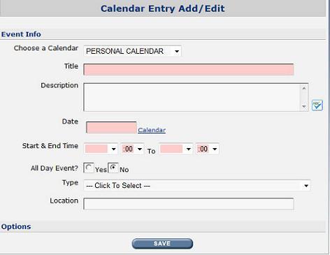 Personal events can be added to the calendar. They appear when the My Calendar box is checked on the calendar view.