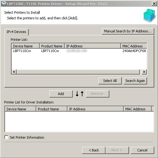 14) Select the LBP7110Cw printer from the Printer List, and then click [Add].