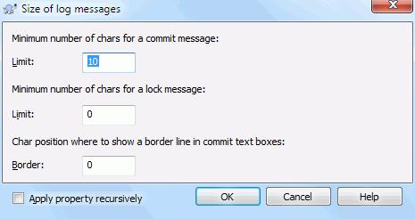4.17.3.5. Log Message Sizes Figure 4.38. Size of log messages property page These 3 properties control the formatting of log messages.