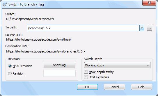 Figure 4.44. The Switch Dialog Although Subversion itself makes no distinction between tags and branches, the way they are typically used differs a bit.