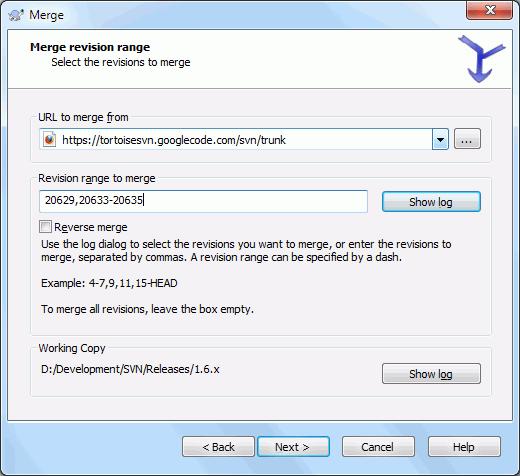 Figure 4.45. The Merge Wizard - Select Revision Range In the From: field enter the full folder URL of the branch or tag containing the changes you want to port into your working copy.