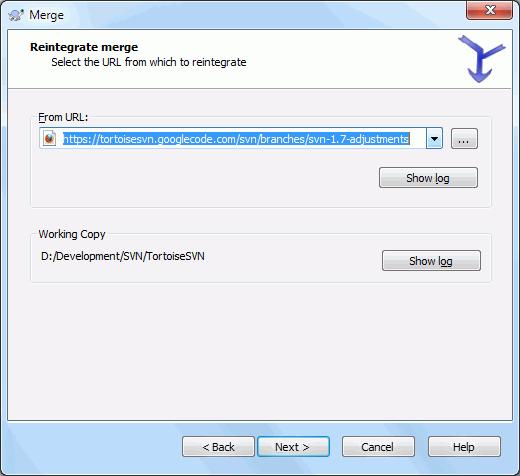 Figure 4.46. The Merge Wizard - Reintegrate Merge To merge a feature branch back into the trunk you must start the merge wizard from within a working copy of the trunk.