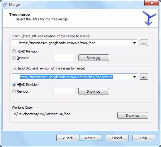Figure 4.47. The Merge Wizard - Tree Merge If you are using this method to merge a feature branch back to trunk, you need to start the merge wizard from within a working copy of trunk.