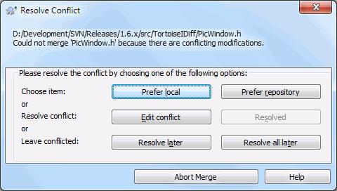 Figure 4.48. The Merge Conflict Callback Dialog It is likely that some of the changes will have merged smoothly, while other local changes conflict with changes already committed to the repository.
