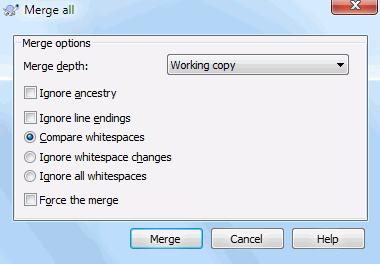 Figure 4.49. The Merge reintegrate Dialog This dialog is very easy. All you have to do is set the options for the merge, as described in Section 4.20.4, Merge Options.
