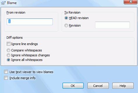 4.23.1. Blame for Files Figure 4.53. The Annotate / Blame Dialog If you're not interested in changes from earlier revisions you can set the revision from which the blame should start.