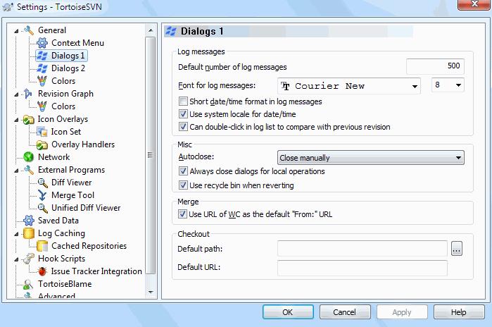 4.30.1.2. TortoiseSVN Dialog Settings 1 Figure 4.63. The Settings Dialog, Dialogs 1 Page This dialog allows you to configure some of TortoiseSVN's dialogs the way you like them.