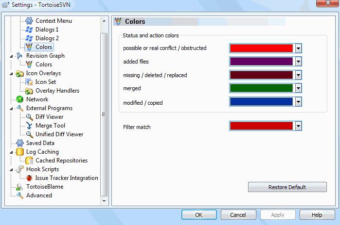4.30.1.4. TortoiseSVN Colour Settings Figure 4.65. The Settings Dialog, Colours Page This dialog allows you to configure the text colours used in TortoiseSVN's dialogs the way you like them.