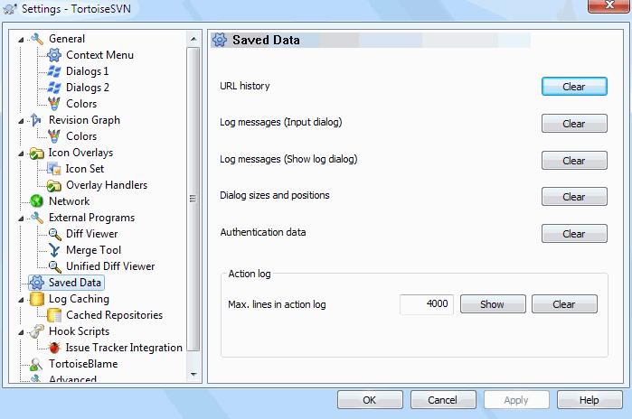 4.30.6. Saved Data Settings Figure 4.74. The Settings Dialog, Saved Data Page For your convenience, TortoiseSVN saves many of the settings you use, and remembers where you have been lately.