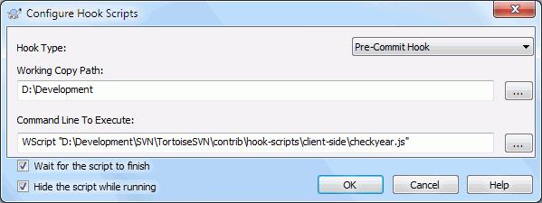 Figure 4.78. The Settings Dialog, Configure Hook Scripts To add a new hook script, simply click Add and fill in the details.