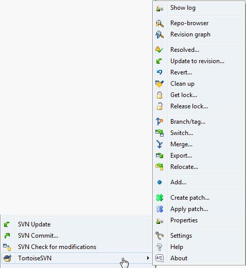 Figure 4.2. Context menu for a directory under version control All TortoiseSVN commands are invoked from the context menu of the windows explorer.