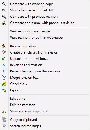 4.9.3. Getting Additional Information Figure 4.17. The Revision Log Dialog Top Pane with Context Menu The top pane of the Log dialog has a context menu that allows you to access much more information.