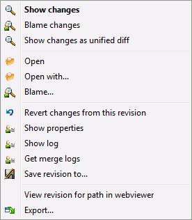If you select two revisions at once (using the usual Ctrl-modifier), the context menu changes and gives you fewer options: Compare revisions Compare the two selected revisions using a visual