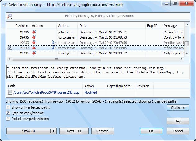 Figure 4.20. The Log Dialog Showing Merge Tracking Revisions If you want to see the detail of which revisions were merged as part of that commit, use the Include merged revisions checkbox.