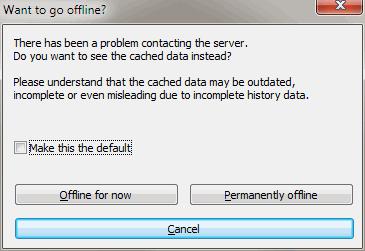 4.9.10. Offline Mode Figure 4.24. Go Offline Dialog If the server is not reachable, and you have log caching enabled you can use the log dialog and revision graph in offline mode.