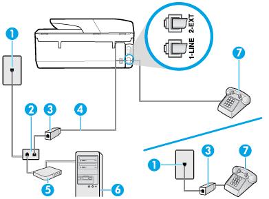 1 Telephone wall jack. 2 Parallel splitter. 3 DSL/ADSL filter. 4 Use the phone cord provided to connect to the 1-LINE port on the back of the printer.