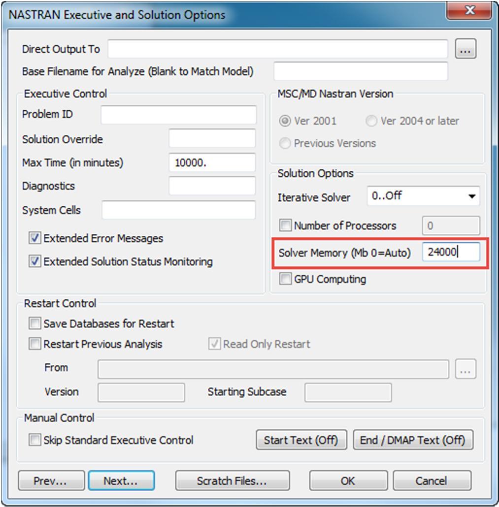 SETTING MEMORY SIZE IN FEMAP FEMAP uses Mb units, and memory can be set in the NASTRAN Executive and Solution Options form.