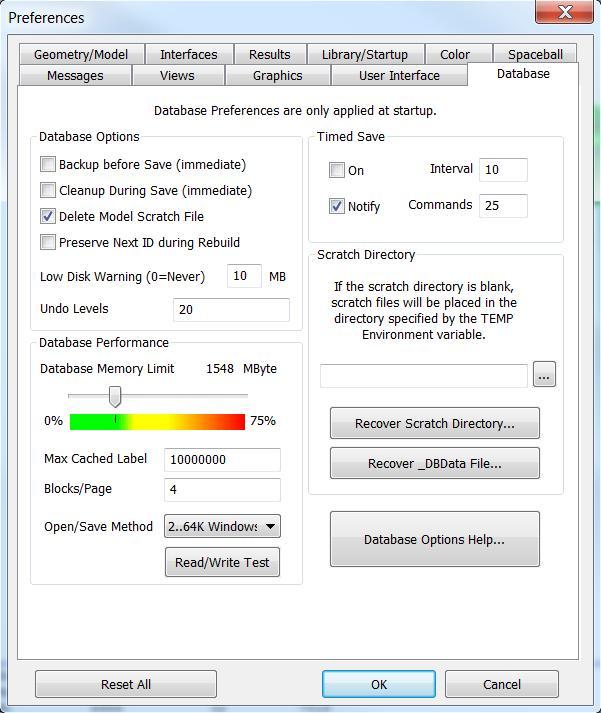 Database Preferences The database memory limit is set to 20% of available system RAM by default. When FEMAP needs more, it will just swap to the scratch disk, slowing things down.
