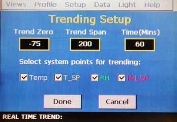 Trend Configuration To adjust the displayed variables, range and sampling period, touch the Trend Setup button. The Trend Setup screen will appear with the available adjustment controls.