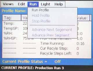 4.4 Start/Stop Profile To start a profile, one must be selected. The selected profile is shown at the bottom of the screen.