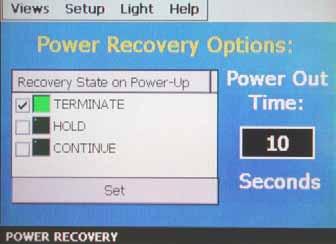 5.4 Power Recovery The power recovery screen allows you to select how the chamber is to respond to a power outage once the power is restored.