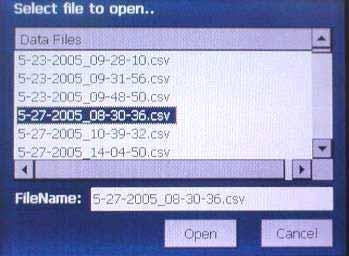 Touch the desired file name in the data files window and touch the Open button.