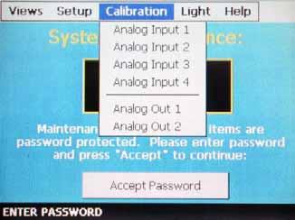 7.2.3 Calibration The calibration menu provides access to the analog input and output ranges for calibration.