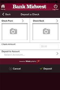 Mobile Deposit Deposit checks with your smartphone or tablet. Simply snap photos to deposit to your account. Mobile deposit provides convenience and saves you a trip to the bank.
