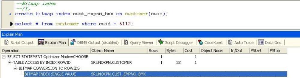 (Fig-1(c) shows the explain plan for Query - 1) It has made use of the bitmap index CUST_EMPNO_BMX for retrieving the result.