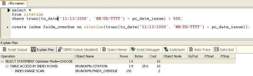 Step - 2 Executing query with Function based index In this step an index FNIDX_OVERDUE is created for the highlighted expression in the above given query.