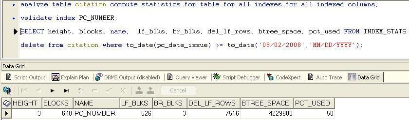 (Fig 3(b) shows the values of INDEX_STATS view for the index PC_NUMBER after inserting rows in the citation table) Now looking at Fig -3(b) shows the space that the index has occupied after inserting