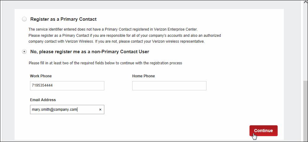 Register as Non-Primary Contact User Figure 19 Register as Non-Primary Contact 1. Select No, Please register me as a non-primary Contact User. 2.