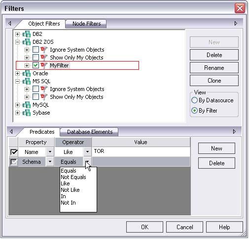 Right-clicking in the tree and selecting Filter opens the Filters dialog. It lets you filter out object types at the DBMS platform level. It also lets you create object filters.