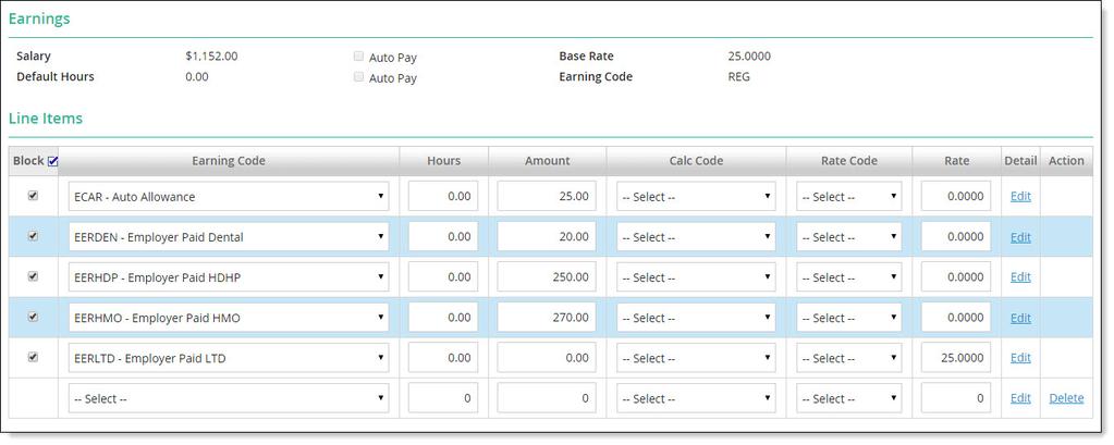 EARNINGS Configure the earning codes. When the Block Recurring Earnings box is checked in the Check Calculator Setup screen, all recurring earnings will have a check in the Block column.