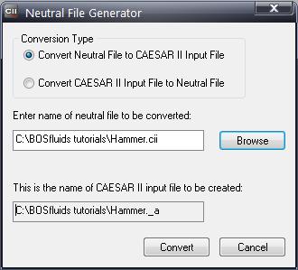 Figure 3 Convert the neutral file to a CAESAR II input file 6. A CAESAR II model file has now been created and can be opened by selecting File Open from the toolbar. 3.2.