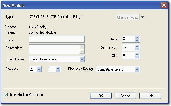 Chapter 3 Configure a ControlNet Module 3. Complete the fields on the New Module dialog box and then click OK.