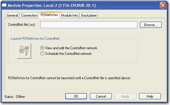 Chapter 3 Configure a ControlNet Module 2. From the Module Properties dialog box, click the RSNetWorx tab. 3. In the ControlNet file field, type a name for a new ControlNet file. 4. Click Apply. 5.