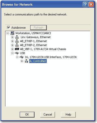Chapter 3 Configure a ControlNet Module 4. From the Browse for Network dialog box, expand the tree to find and select a communication path to the ControlNet network and click OK.