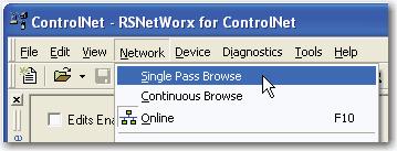 The driver was previously configured via RSLinx software, as described in Connect a Computer to the ControlNet Network on page 25. 5. From the Network menu, choose Single Pass Browse. 6.