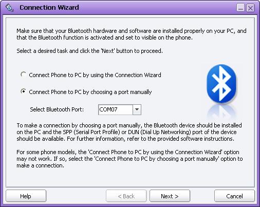 For connection via Bluetooth, the Bluetooth device should be installed on the PC and the SPP (Serial Port Profile) of the device should be available.