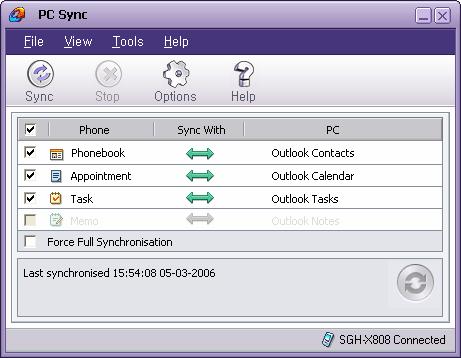 5.3. Synchronising Check the items to Synchronise in the main screen of PC Sync and click the Sync
