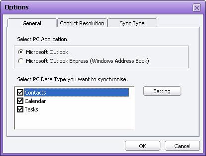 Select PC Data Type you want to Synchronise. - Supported synchronisation items, according to the selected PC application type, are displayed.