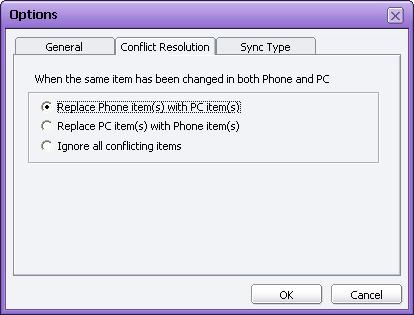 Users can select one of the following three ways to resolve data conflicts. Replace Phone item(s) with PC item(s) - PC data is applied in all conflict cases.